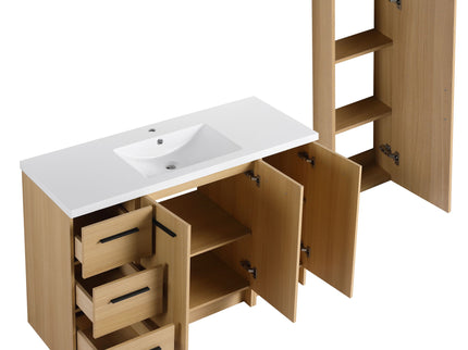 Freestanding Bathroom Vanity Set With Tall Side Cabinet, 3 Drawers And 3 Door Cabinet, Integrated Sink, Large Storage - Glossy White / Light Oak