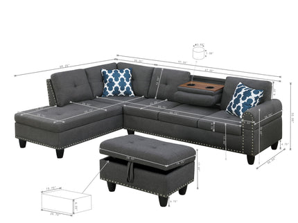Alger - Left Hand Facing Sofa & Chaise With Ottoman - Dark Gray