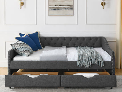 Upholstered Tufted Daybed With 2 Drawers, Waved Arms
