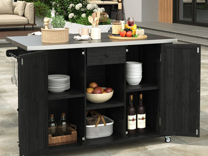 Outdoor Kitchen Island With Stainless Steel Top, Ample Storage Space, Towel And Spice Racks And A Bottle Opener