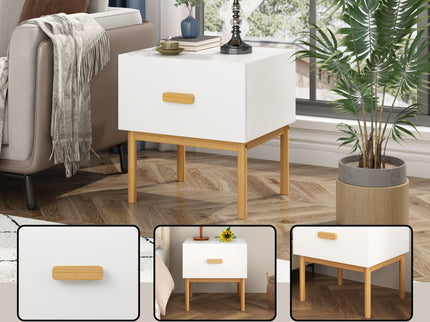 Nightstand With Drawer, Minimalist Bedside Table With Handle For Bedroom - White