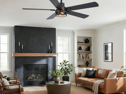 Ceiling Fan With Light, Dual‑Sided Matte Black & Wood Grain Blades - Black