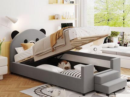 Upholstered Daybed With Bear Shaped Headboard, Hydraulic System And Breathable Fence