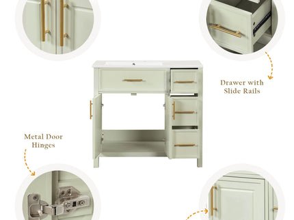 36" Bathroom Vanity With Sink, 2 Doors, 3 Drawers, Rectangular - White