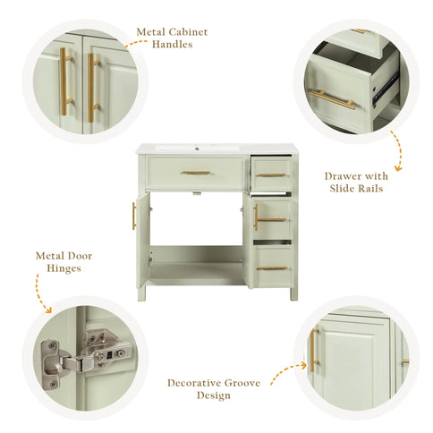 36" Bathroom Vanity With Sink, 2 Doors, 3 Drawers, Rectangular - White