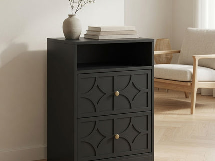 Nightstand With Diamond Carvings Handles, 2 Drawers & Charging Station