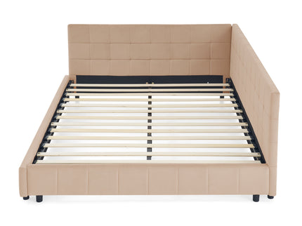 Mid-Century Storage Upholstered Tufted Bed Frame With Backrest And Armrests