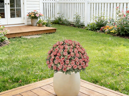 Artificial Rose Decoration With UV Resistant Silk Petals, Durable Stems In Cement Pot, Indoor Outdoor Potted Floral Arrangement - Green / Pink