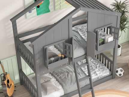 House Bunk Bed With Roof, Window, Window Box, Door, With Safety Guardrails And Ladder