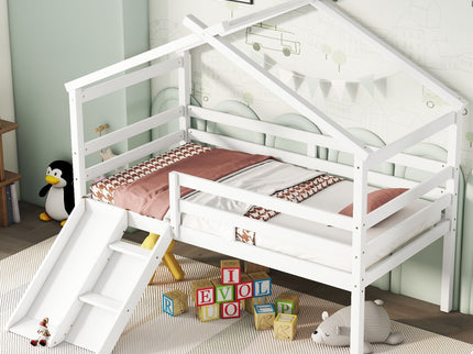 Low Loft House Bed With Slide, Ladder, Safety Guardrails, House Roof Frame