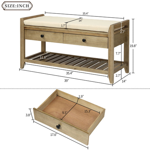 Shoe Rack With Cushioned Seat And Drawers Multipurpose Entryway Storage Bench Wash - Gray Wash