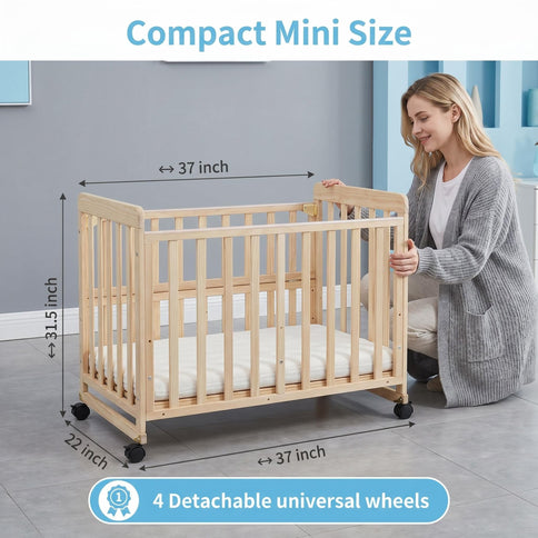 Portable Bedside Bassinet With 3 Adjustable Heights, Mini Crib For Newborns - Natural Wood