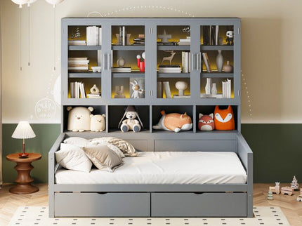 Daybed With Glass Door Storage Cabinets, Built In LED Lighting And Shelves