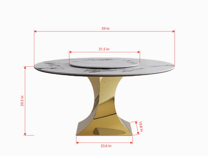 Luxury Round 59" Sintered Stone Dining Table With Stainless Steel Hourglass Base, Scratch & Heat Resistant Surface - Golden / White