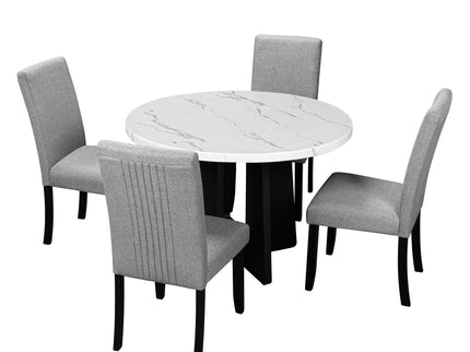 5 Piece Round Dining Table Set, Dining Table And 4 Upholstered Chairs For Dining Room, Kitchen Room, Living Room - White / Gray