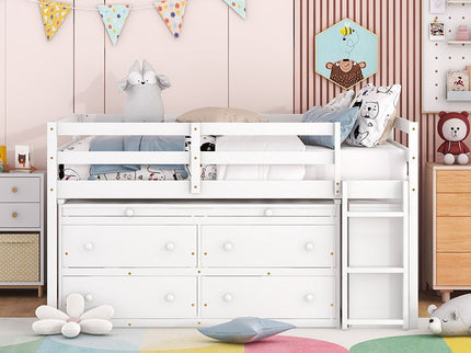 Loft Bed With Retractable Writing Desk And 4 Drawers, With Lateral Portable Desk And Shelves