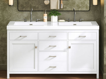 Double Sink Bathroom Vanity With Top, Soft Closing Doors & Drawers, Tip Out Drawer, 2 Cabinet Doors, Adjustable Shelf - White