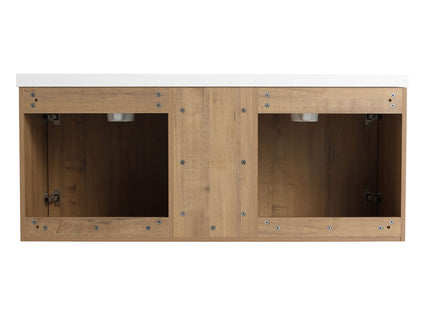 48" Wall Mounted Bathroom Vanity With Double Resin Sink And Storage Rack Soft Close Doors Plywood Construction - Imitative Oak
