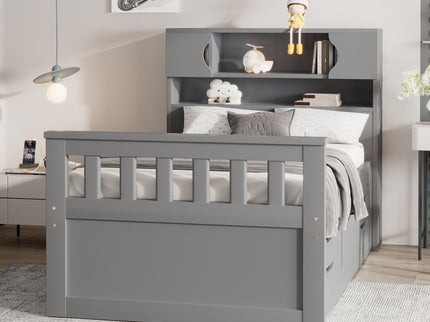 Captain Platform Bed Frame With Storage Bookcases, Shelves, And 4 Drawers