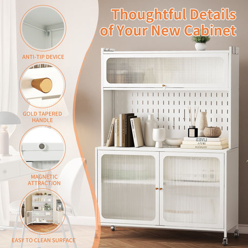 Contemporary Kitchen Pantry Cabinet With Glass Doors, Adjustable Shelves, Steel - Brushed Nickel