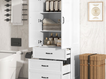 Tall Bathroom Storage Cabinet With 2 Doors And Drawers, Adjustable Shelf - White