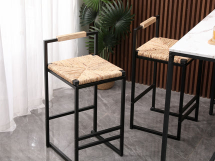 Water Hyacinth Woven Bar Stools With Back Support, Counter Height Dining Chairs (Set of 2) - Natural