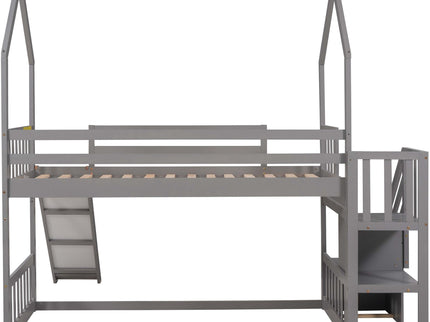 Twin Over Twin House Bunk Bed With Convertible Slide, Storage Staircase