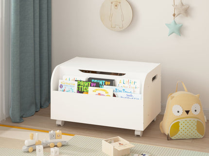 Toy Box With 4 Universal Wheels, Kids Playroom Storage Organizer With Front Bookshelf, Flip Top Lid, Safety Hinge - White