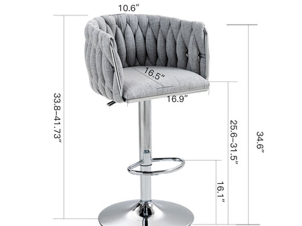 360 Degree Swivel Bar Stools Adjustable Counter Height Bar Chairs With Woven Back & Footrest, Silver Chromed Bar Stools For Kitchen Island (Set of 2) - Gray