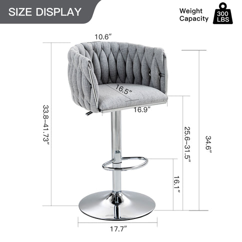 360 Degree Swivel Bar Stools Adjustable Counter Height Bar Chairs With Woven Back & Footrest, Silver Chromed Bar Stools For Kitchen Island (Set of 2) - Gray