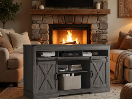 Farmhouse TV Stand With Sliding Barn Doors & Adjustable Storage