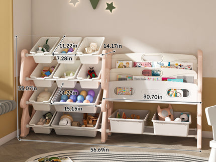 Kids Toy Storage Organizer With 2 Tier Bookshelf, Toy Storage With 12 Bins