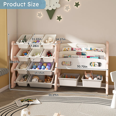 Kids Toy Storage Organizer With 2 Tier Bookshelf, Toy Storage With 12 Bins