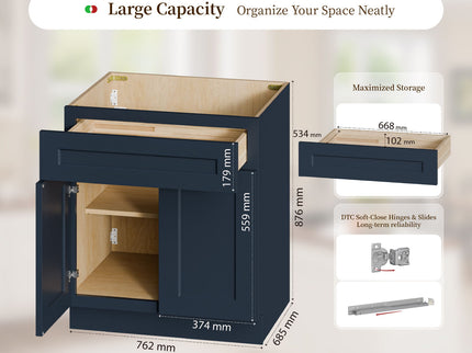 Shaker Base Cabinet With Soft Close Doors And Drawer, Storage Unit With Adjustable Shelf For Bath - Blue