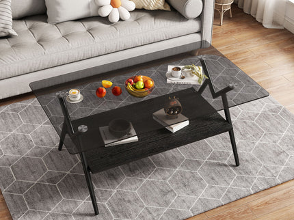 Rectangle Coffee Table With Tempered Glass Top And Shelf, Modern Table For Living Room