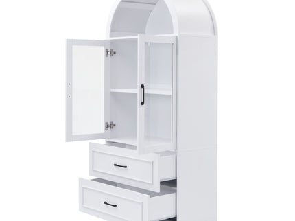 Arched Top Storage Cabinet With Fixed 2 Tier Shelves, 2 Large Drawers