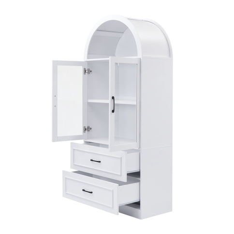 Arched Top Storage Cabinet With Fixed 2 Tier Shelves, 2 Large Drawers