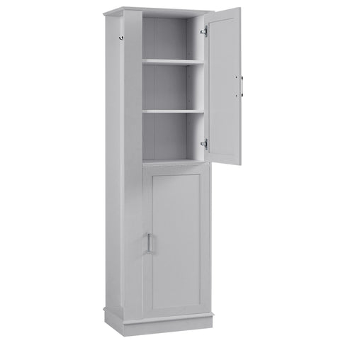 Tall Freestanding Bathroom Storage Cabinet With Adjustable Shelves And Side Hooks