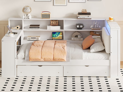 Platform Bed With Upholstered Headboard, Storage Shelves, Drawers, Charging Station, LED Lighting, Built In Desk
