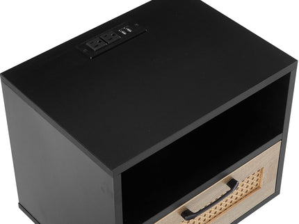 15.75" Rattan End Table With Power Outlet & USB Ports, Modern Nightstand With Drawer And Solid Wood Legs, Side Table For Living Room, Bedroom