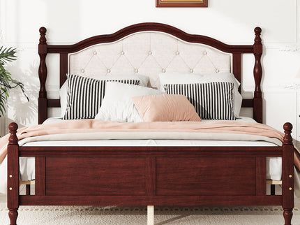 Pine Wooden Bed With Upholstered Headboard And Panel Footboard, With Two Bed Rail Support Feet And Central Platform Support Feet