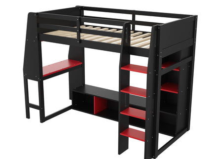 Gaming Loft Bed With Desk, Multi Storage Shelves, LED Lighting, And Hanging Clothes Rack