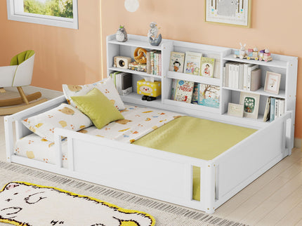 Platform Floor Bed With Guardrail Fence And Side Storage Shelves
