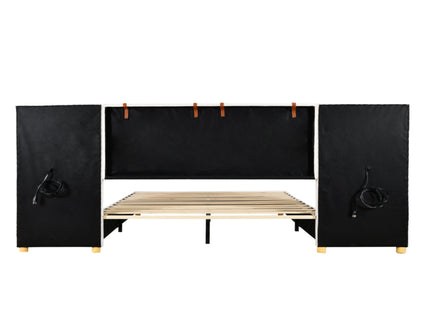Upholstered Platform Bed, 2 Outlets And USB Charging Ports On Both Sides, 2 Bedside Pillows, Storage Shelves