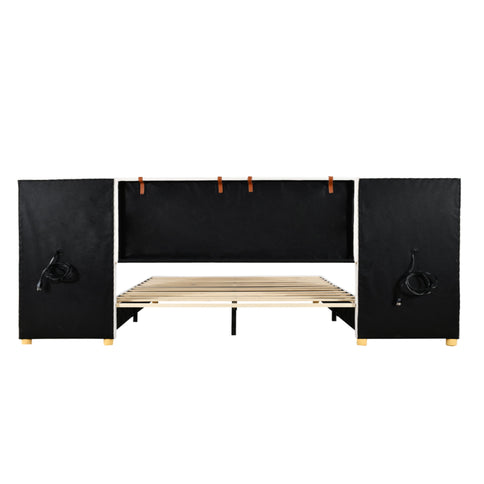 Upholstered Platform Bed, 2 Outlets And USB Charging Ports On Both Sides, 2 Bedside Pillows, Storage Shelves