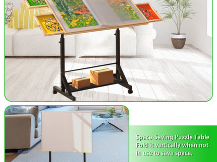 360 Degree Tilting Wooden Puzzle Table With 1500 Pieces, Rolling Design With Adjustable Height, Drawer, And Protective Cover - Black / Natural Wood