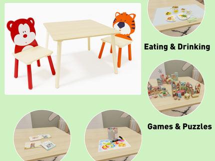 Table And 2 Chairs Set, Activity Play Table Set With Bear & Tiger Design - Natural