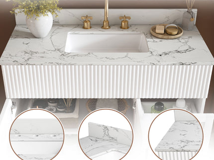 Bathroom Vanity Set, Fluted Cabinet, Soft Close Doors & Drawers, 3 Faucet Holes, Sink Included - White