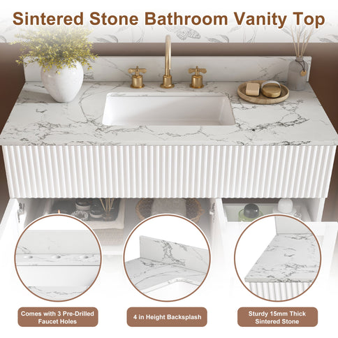 Bathroom Vanity Set, Fluted Cabinet, Soft Close Doors & Drawers, 3 Faucet Holes, Sink Included - White