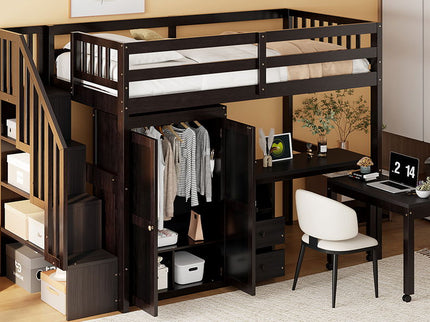 Loft Bed With Stairs, Bookshelf, Drawers, Desk & Wardrobe, Space Saving Multifunctional Furniture